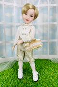 Doll in formal attire with a white jacket and beige pants on grass