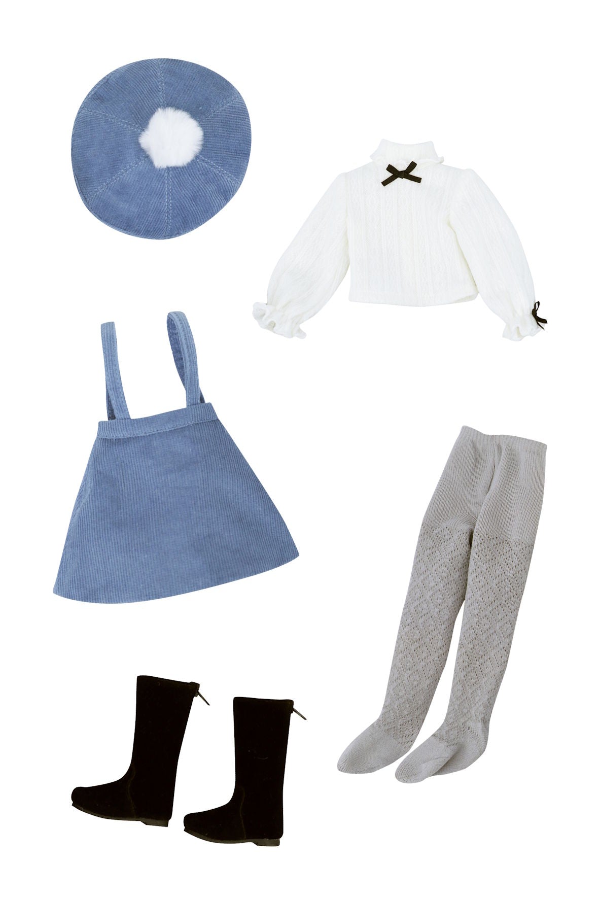 Collection of clothing items including a blue dress, white blouse, gray tights, black boots, and a blue beret on a white background.