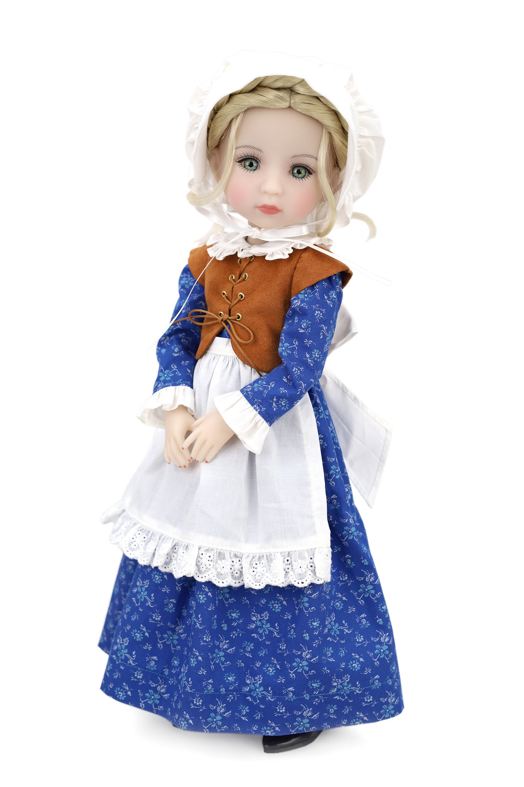 Doll in colonial-style clothing on a white background