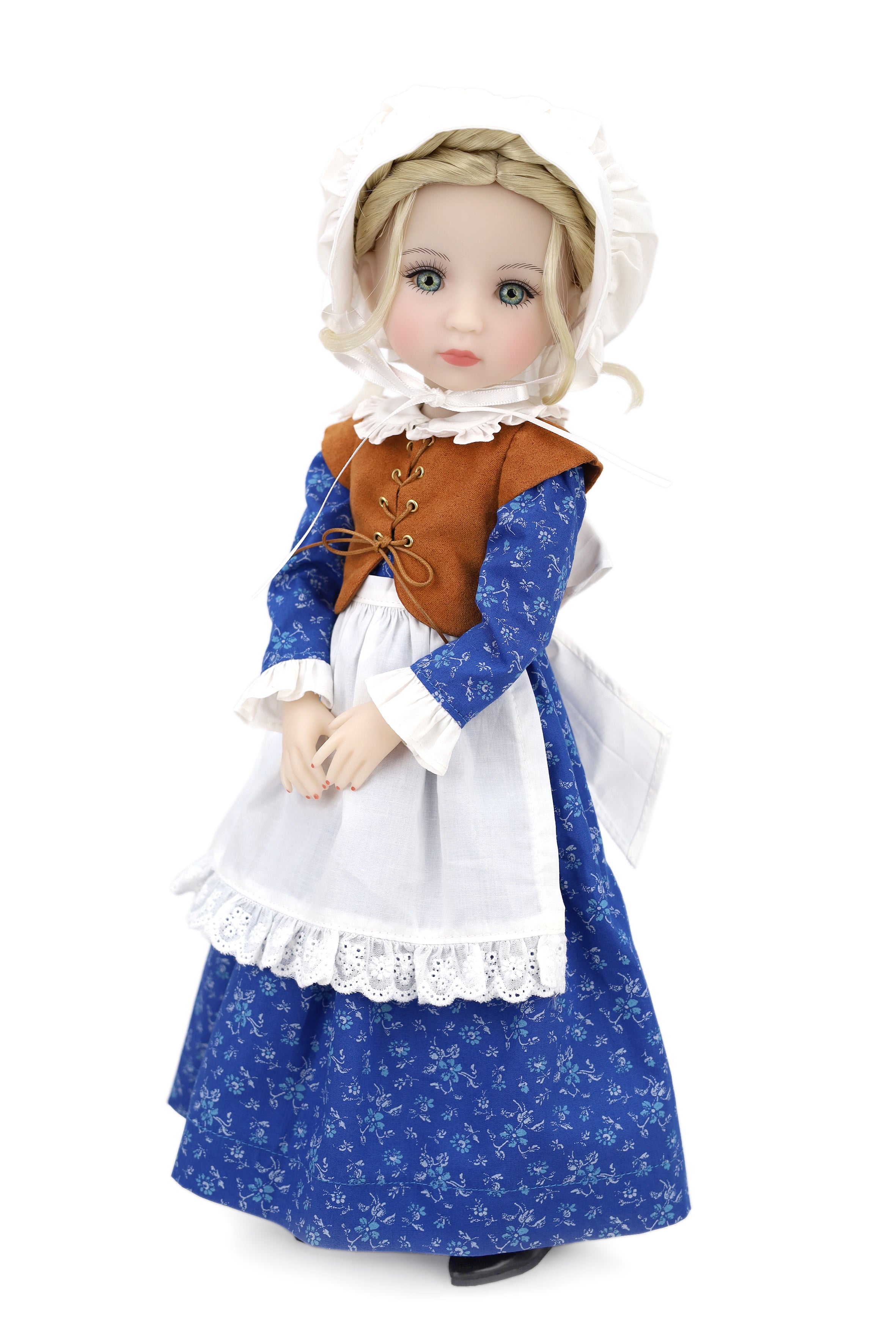 Doll in colonial-style clothing on a white background