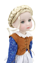 Doll with braided hair wearing a brown vest over a blue dress with white collar.