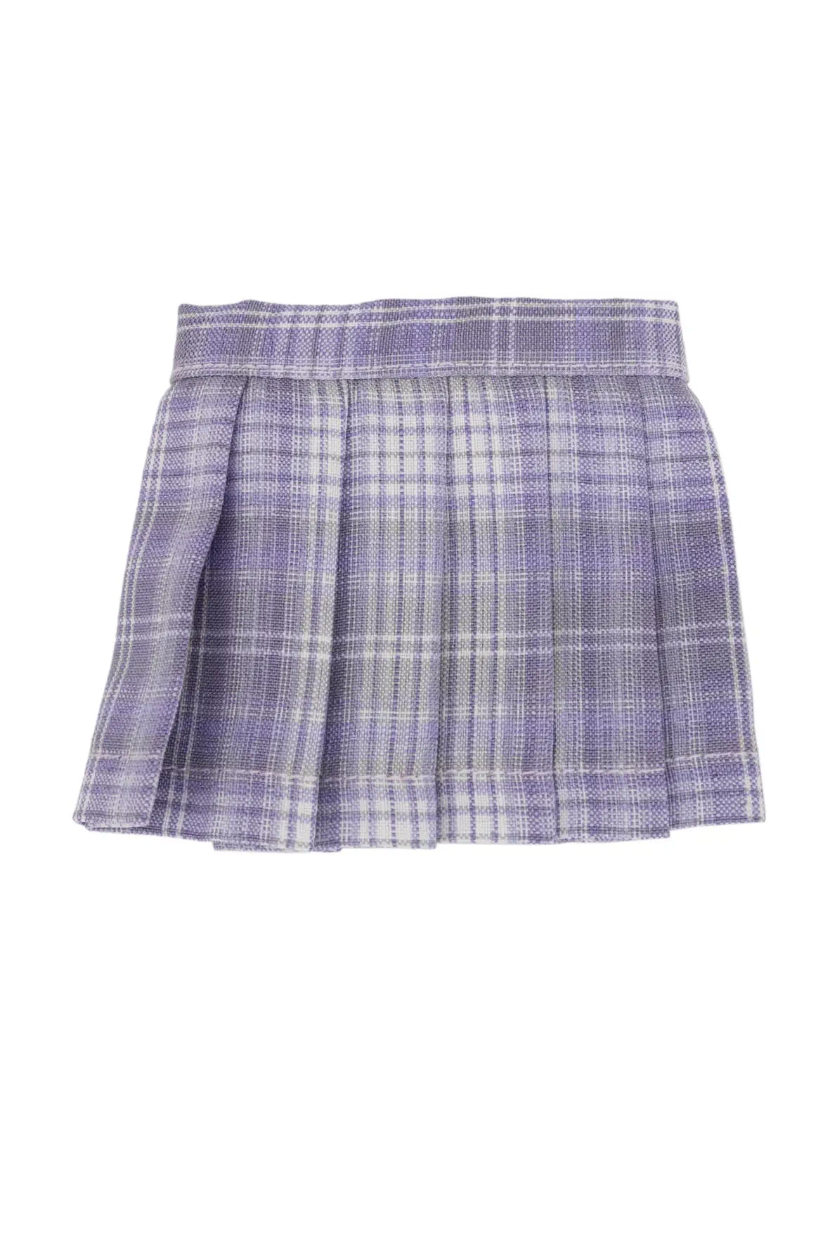 A purple and gray plaid pleated mini skirt shown flat against a solid white background.