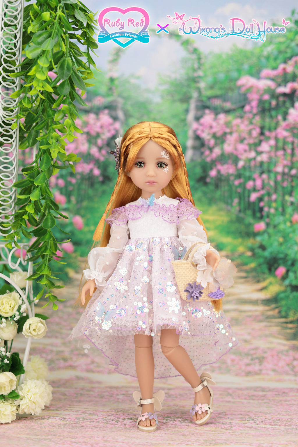 Doll in a pink dress standing in a garden with flowers and greenery.