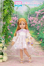 Doll in a pink dress standing in a garden with flowers and greenery.