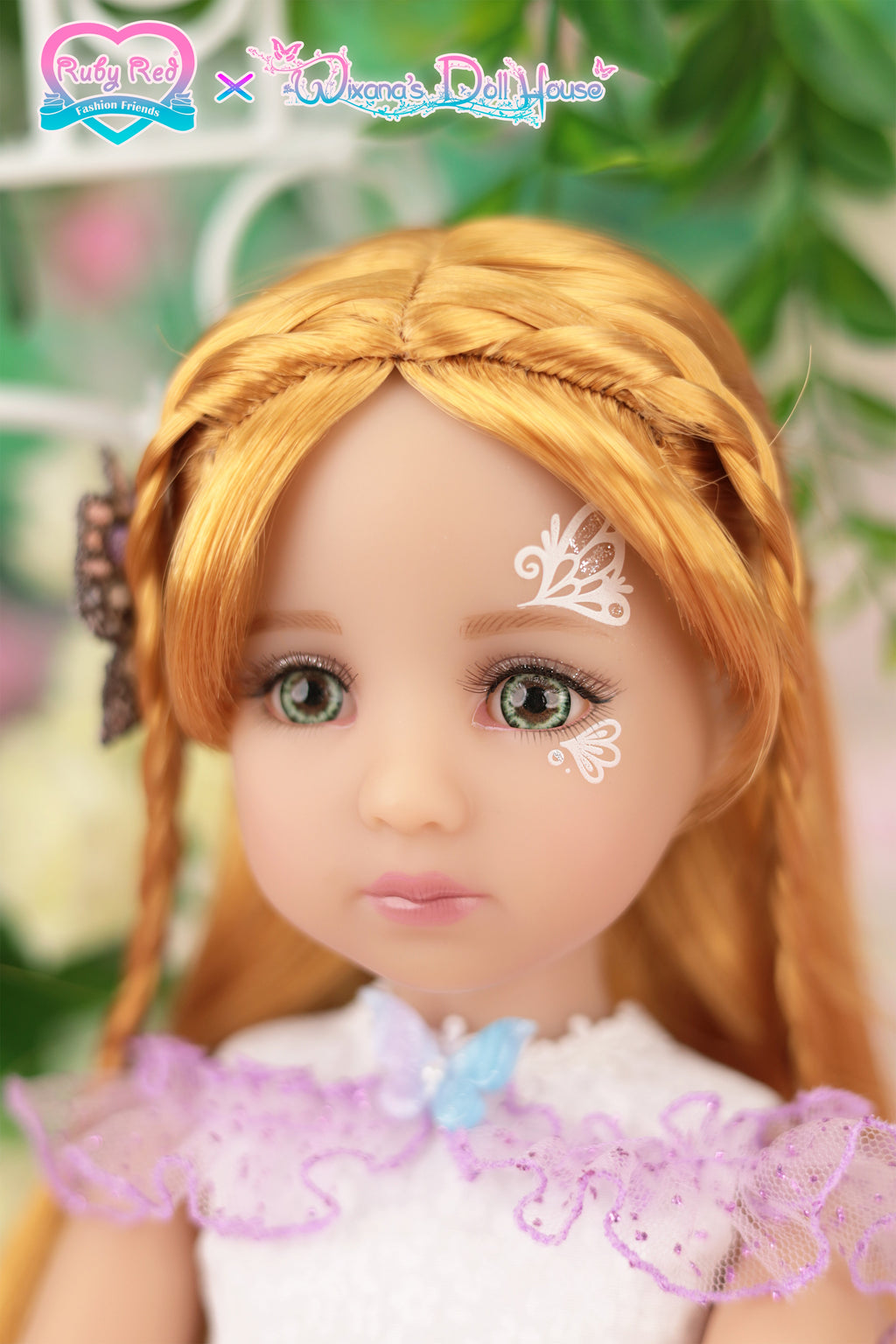 Close-up of a doll with blonde hair and a decorative headband, wearing a white outfit with pink accents.