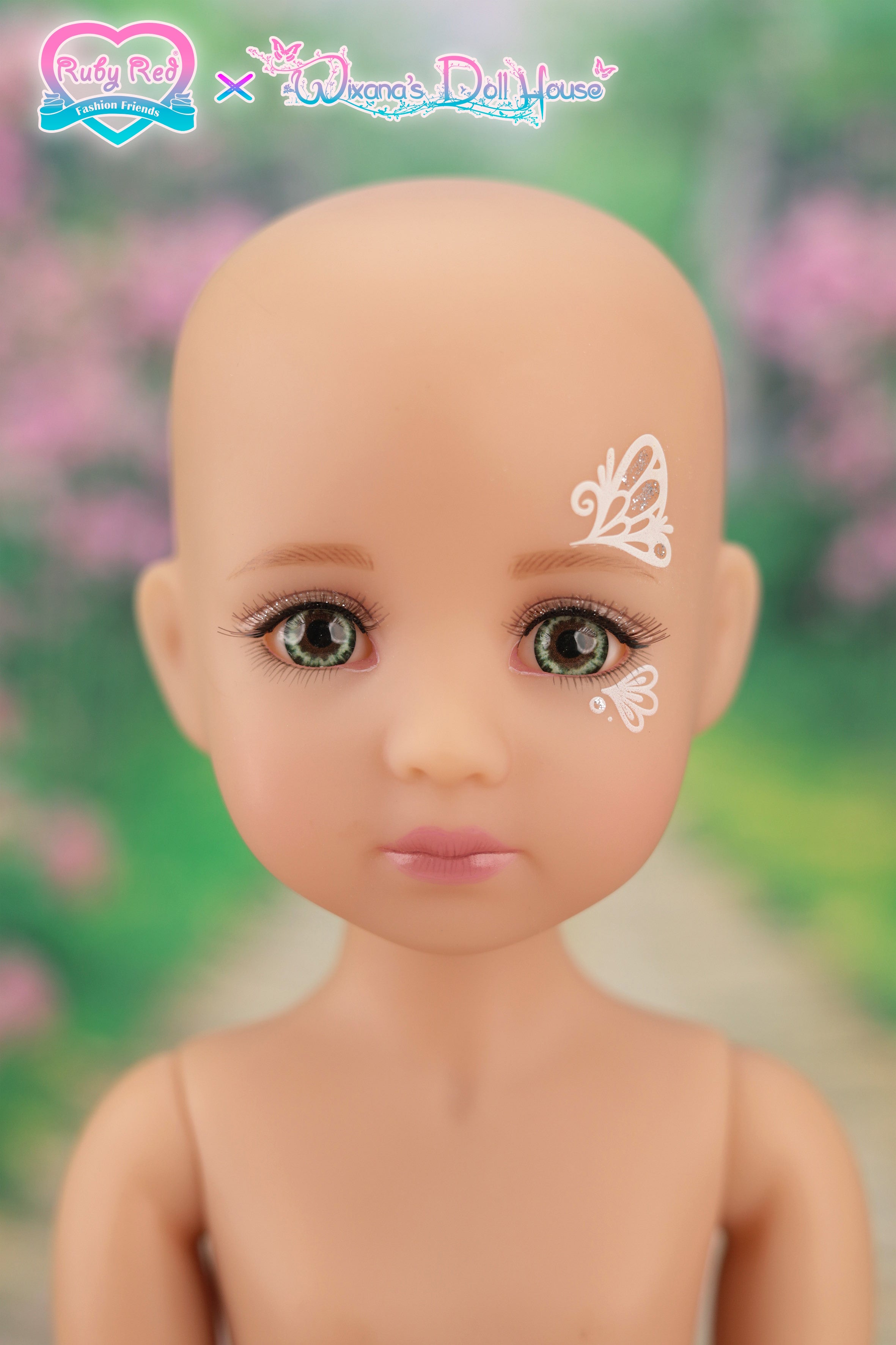 Bald doll with green eyes and pink lips against a blurred floral background