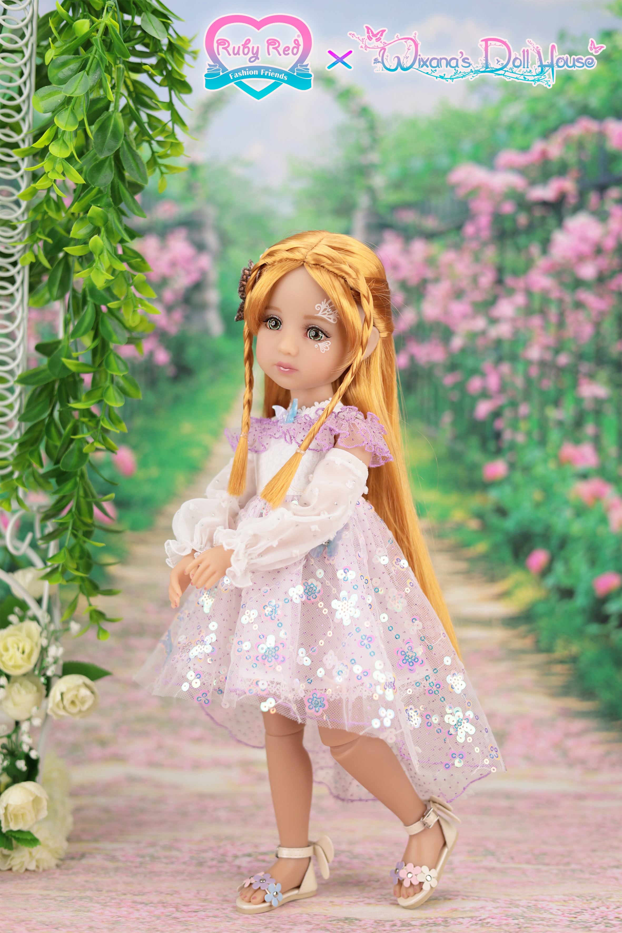 Doll with long blonde hair and a white dress standing in a garden setting.