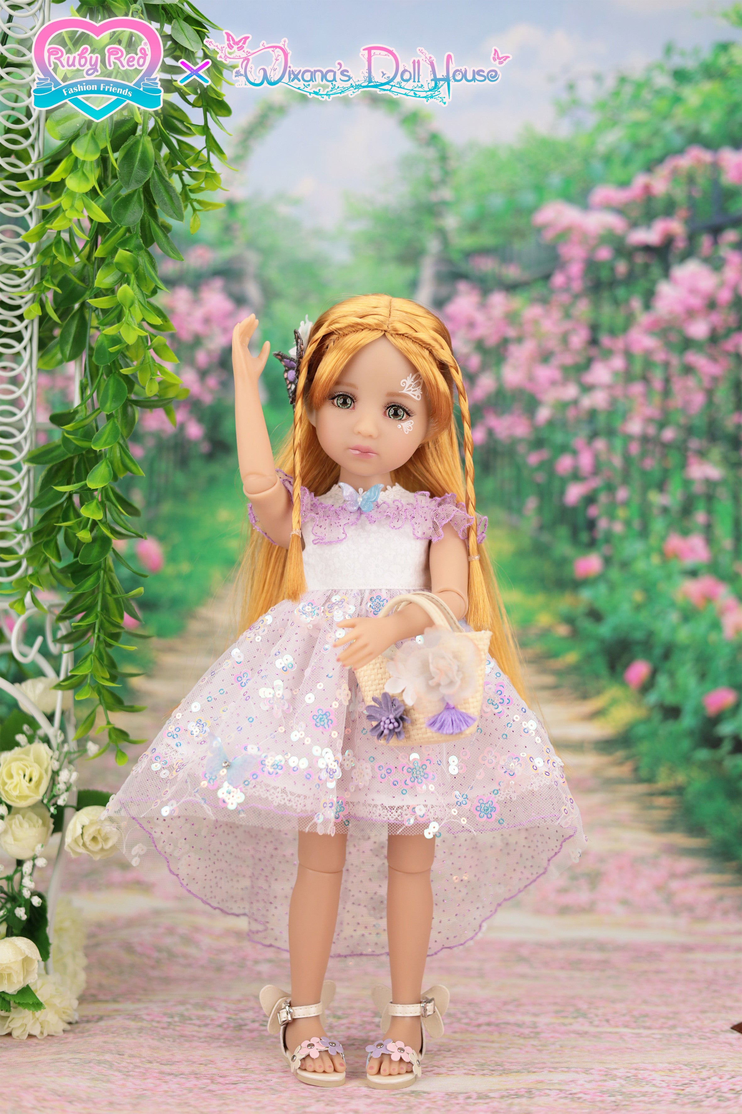 Doll in a pink dress with floral background