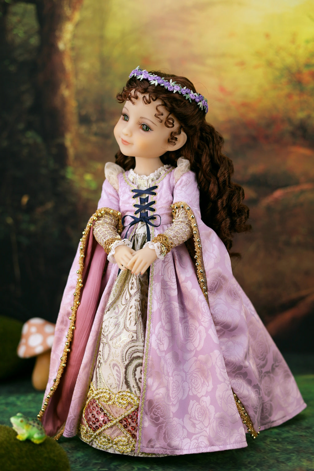 Princess Zora doll in a detailed historical dress with a scenic background