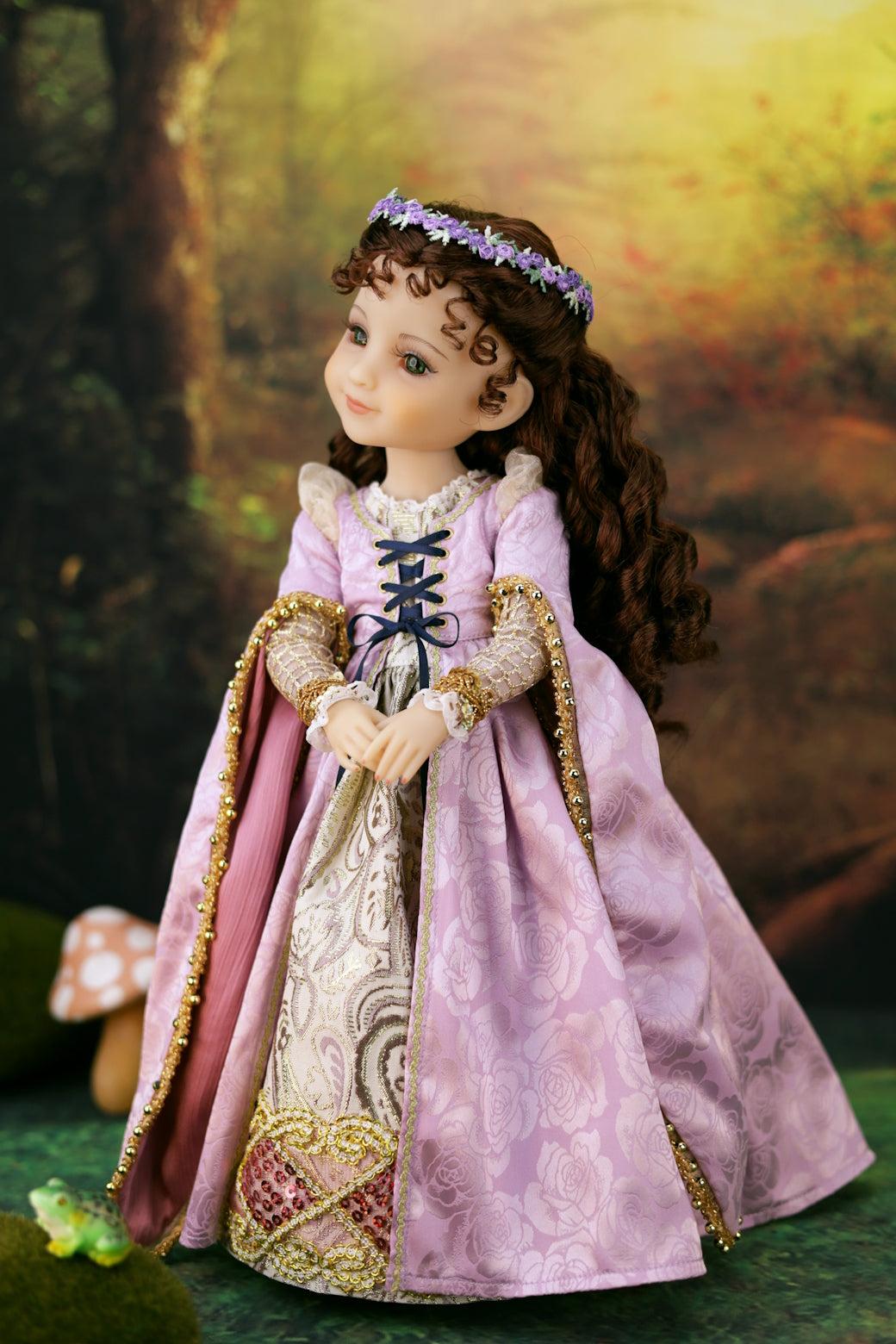 Princess Zora doll in a detailed historical dress with a scenic background