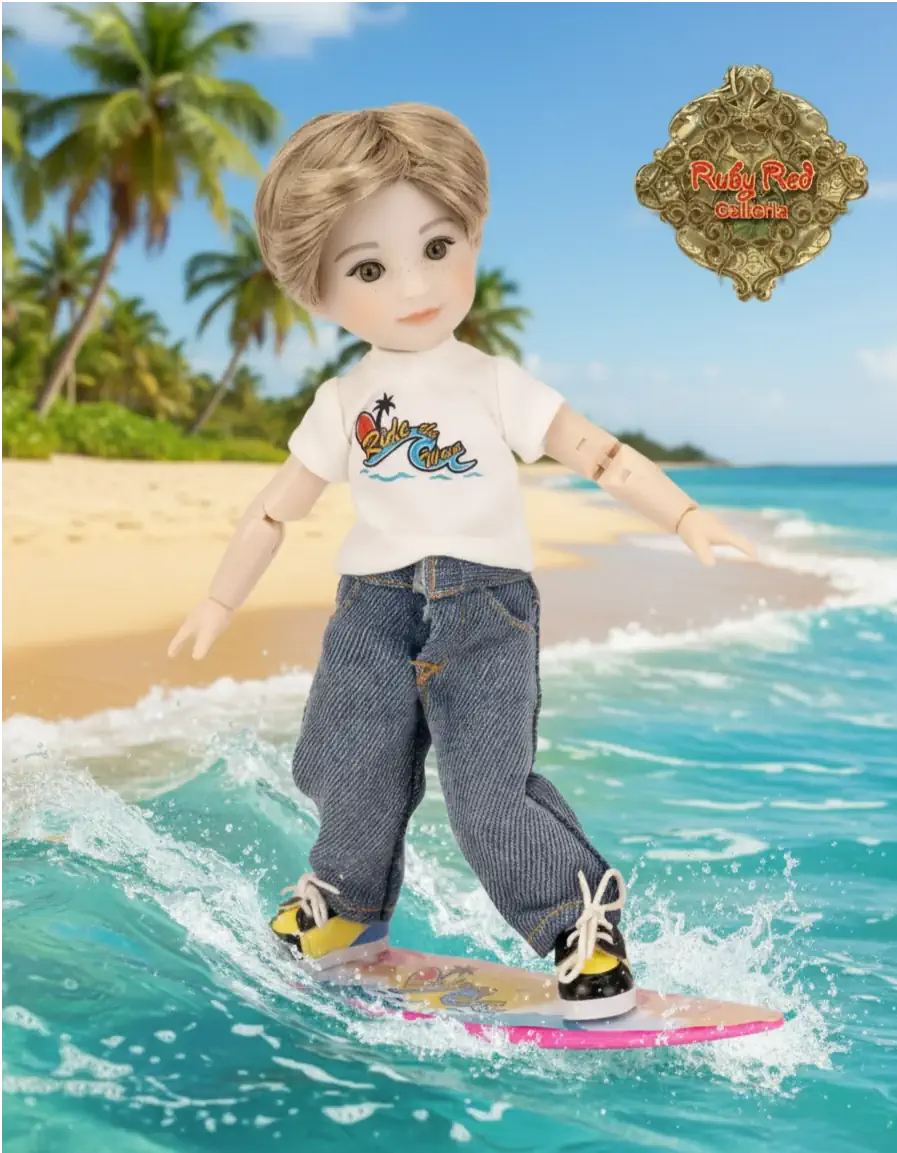 Doll with blonde hair wearing a 'Beach Day' t-shirt and jeans, standing on a pink surfboard with a blue background.