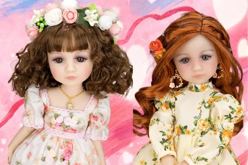 Two Ruby Red Fashion Friends Fan Edition dolls with floral dresses and hair accessories on a pink background