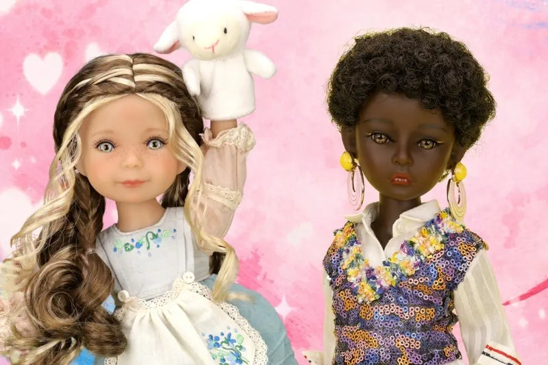 Two dolls with different hair colors against a pink background