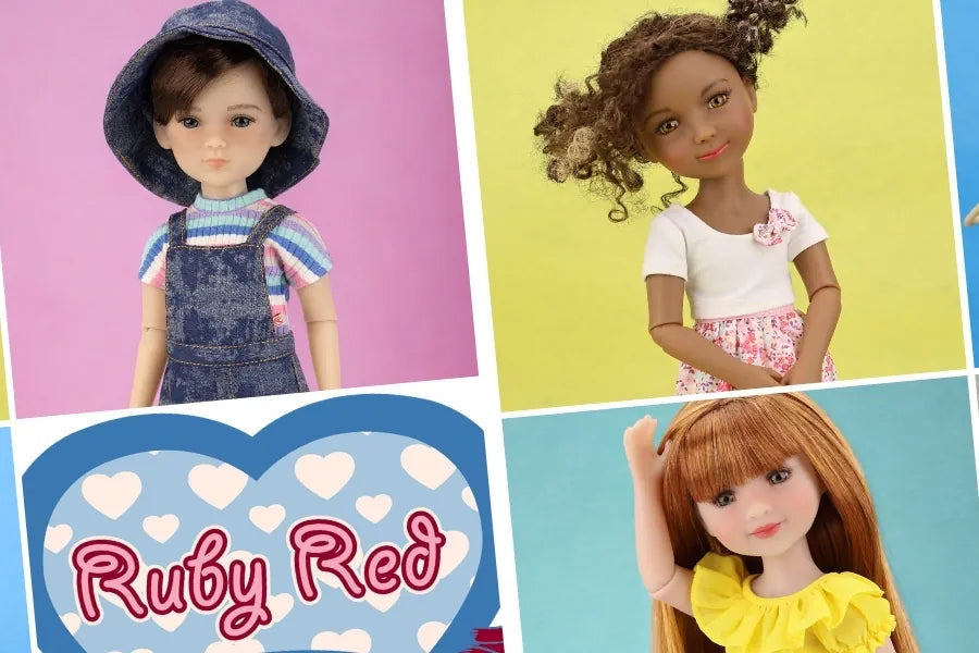 Collage of dolls with different hairstyles and outfits on colorful backgrounds, featuring the brand 'Ruby Red'.