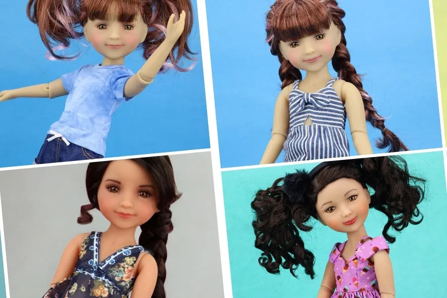Four dolls with different hairstyles and outfits on a colorful background