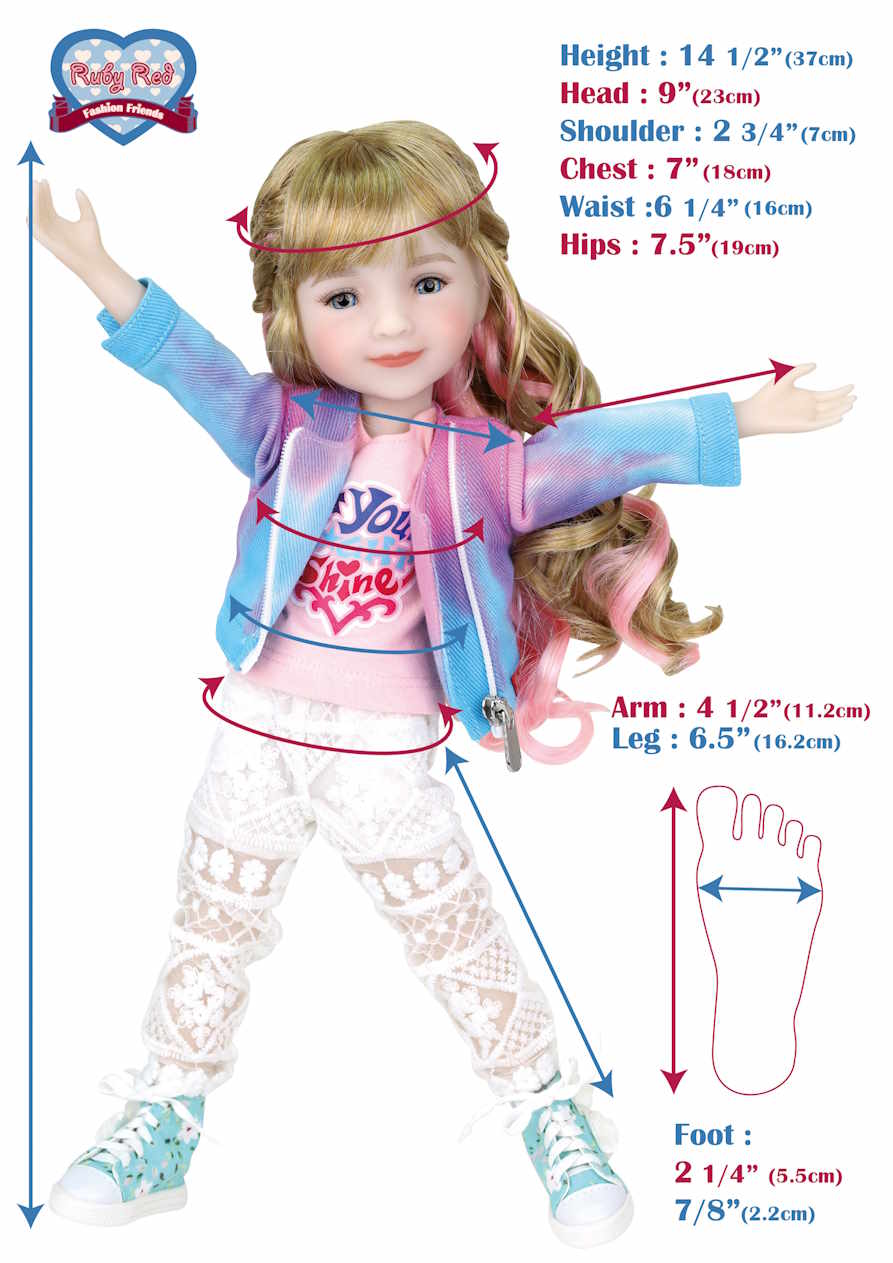 Ruby Red Fashion Friends doll with measurement chart showing height, head size, arm length, etc.