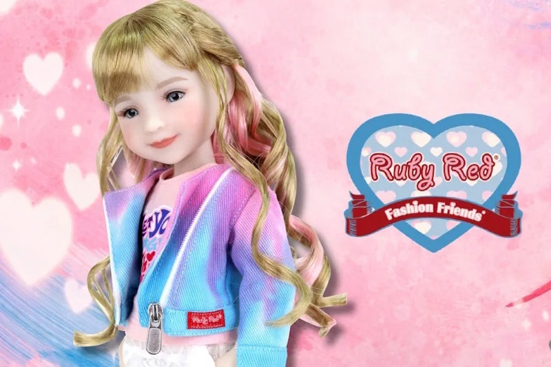 Ruby Red Fashion Friends character Sara with a colorful outfit on a pink background with 'Ruby Red Fashion Friends' logo.