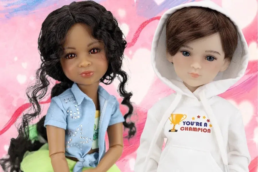 Ruby Red Fashion Friends collectible dolls Jada and Thomas with different outfits on a colorful background