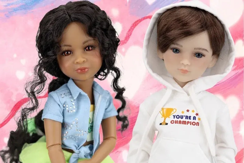 Ruby Red Fashion Friends collectible dolls Jada and Thomas with different outfits on a colorful background