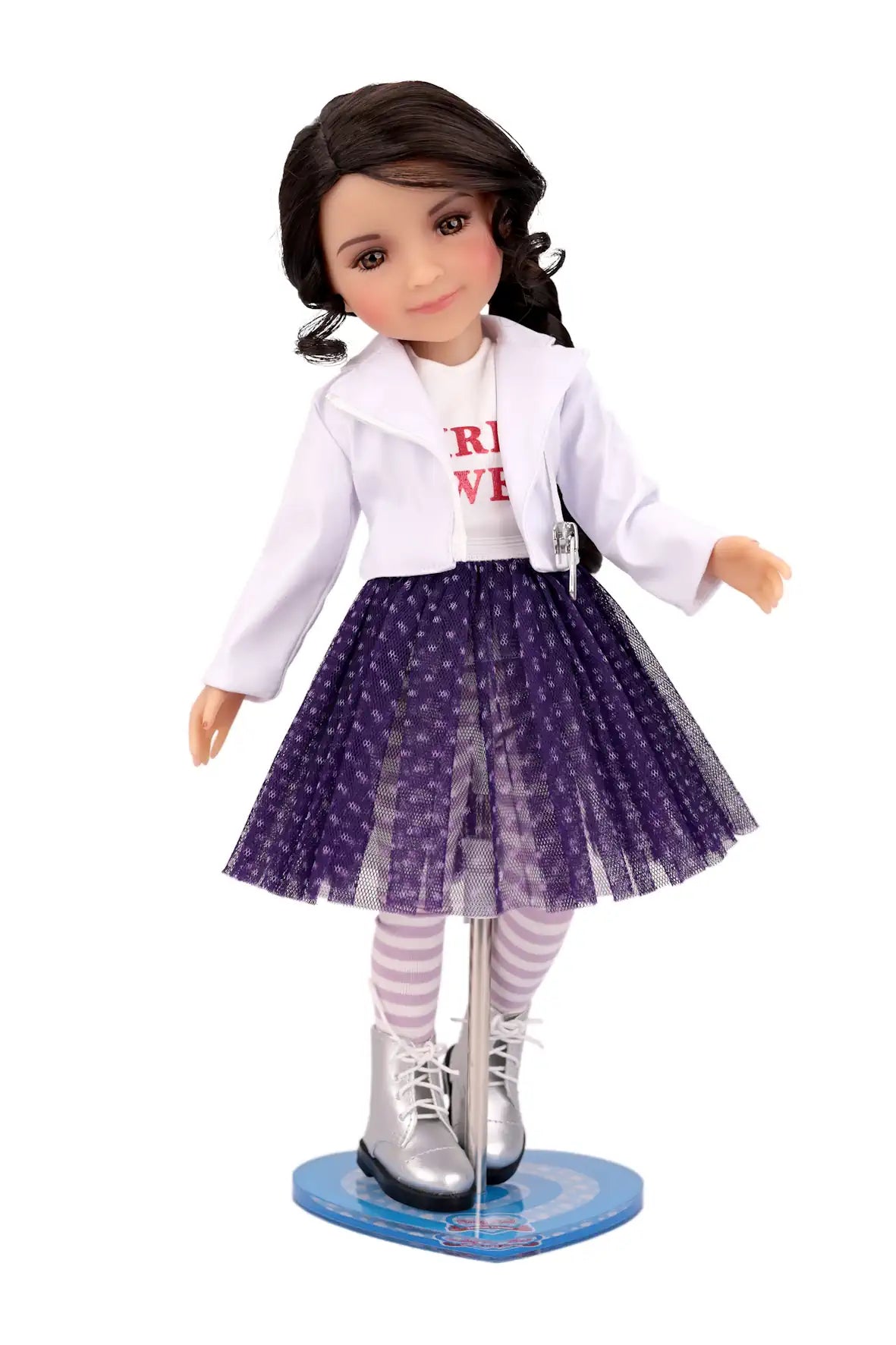 Freida (Doll) standing on a Ruby Red Fashion Friends doll stand.