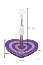 Heart-shaped doll stand with measurements on a white background