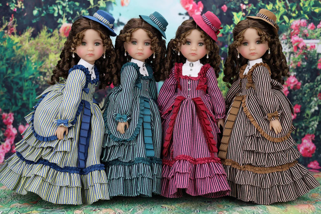 Four dolls in vintage-style dresses with a floral background