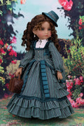 Doll in a vintage dress with a floral background