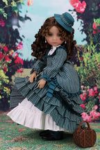 Doll in a vintage outfit with a floral background