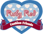Blue heart logo with white hearts, red ribbon, and Ruby Red Fashion Friends text