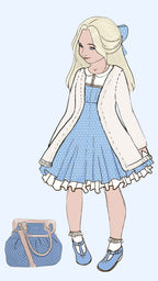 Illustration of a character in a blue dress with a white cardigan and matching bag on a light blue background