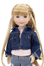 Sara wearing a denim outfit with a white background