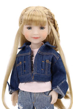 Doll wearing a denim jacket and pants on a white background