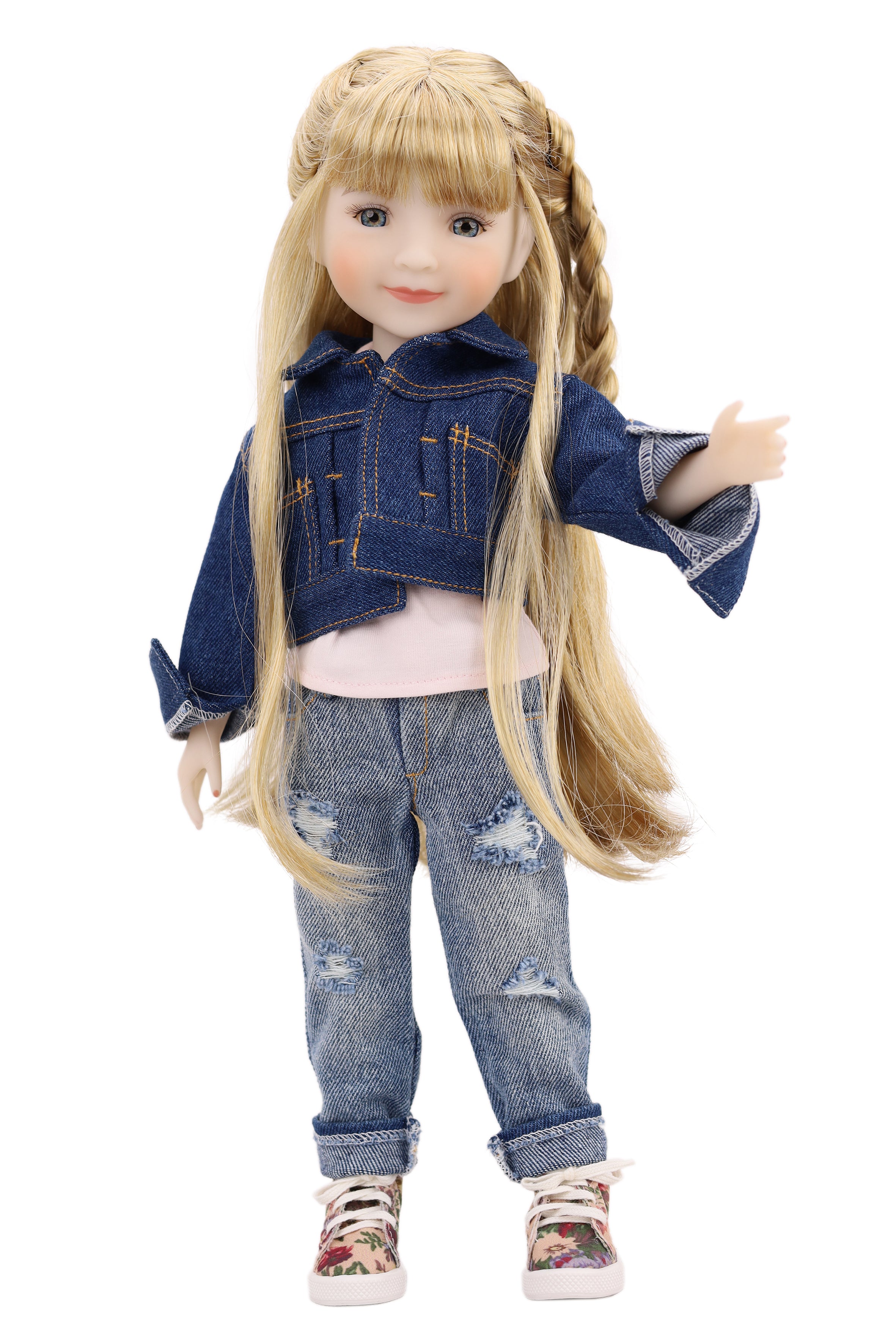 Sara wearing a denim outfit with a white background