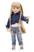 Doll wearing a denim outfit on a white background