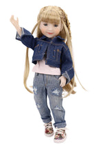 Doll wearing a denim outfit with a white background