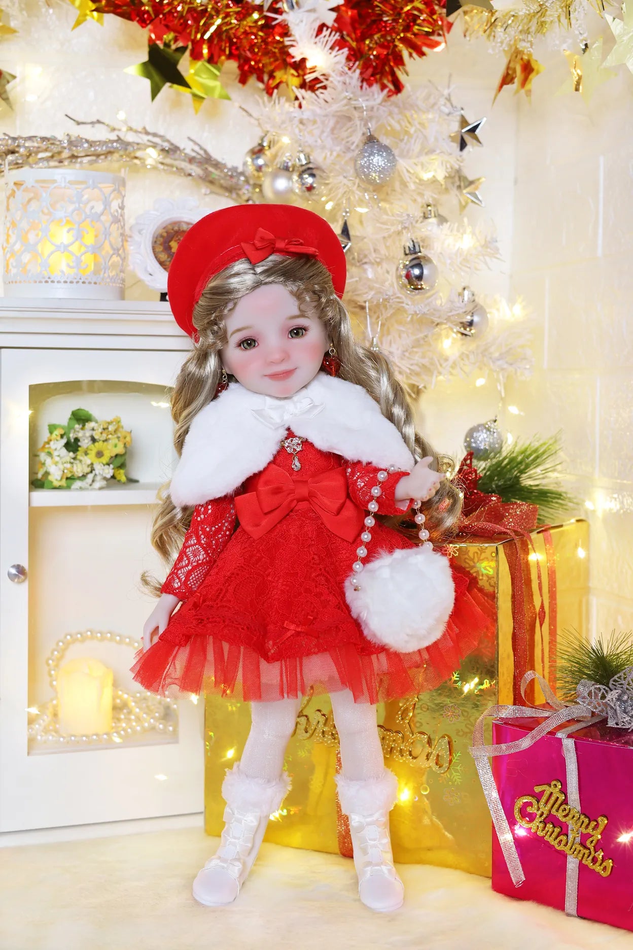 Doll in a festive setting with Christmas decorations and lights.