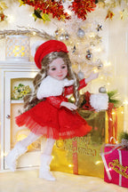 Christmas-themed doll in a festive setting with lights and presents.