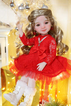 Doll in a red dress with white boots against a festive background