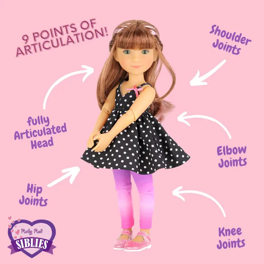 Doll with labeled points of articulation on a pink background, featuring the Ruby Red Siblies logo.