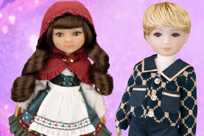 Two limited edition Siblies dolls, one with brown hair and the other with blonde hair, on a purple background.