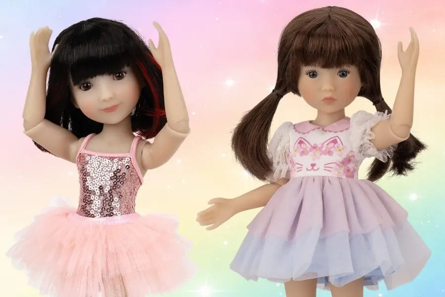 Two dolls with different outfits on a gradient background