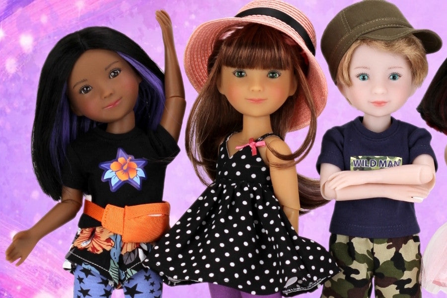 Three Siblies dolls with different outfits on a purple background