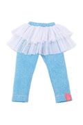 Light blue leggings with a ruffled top on a white background