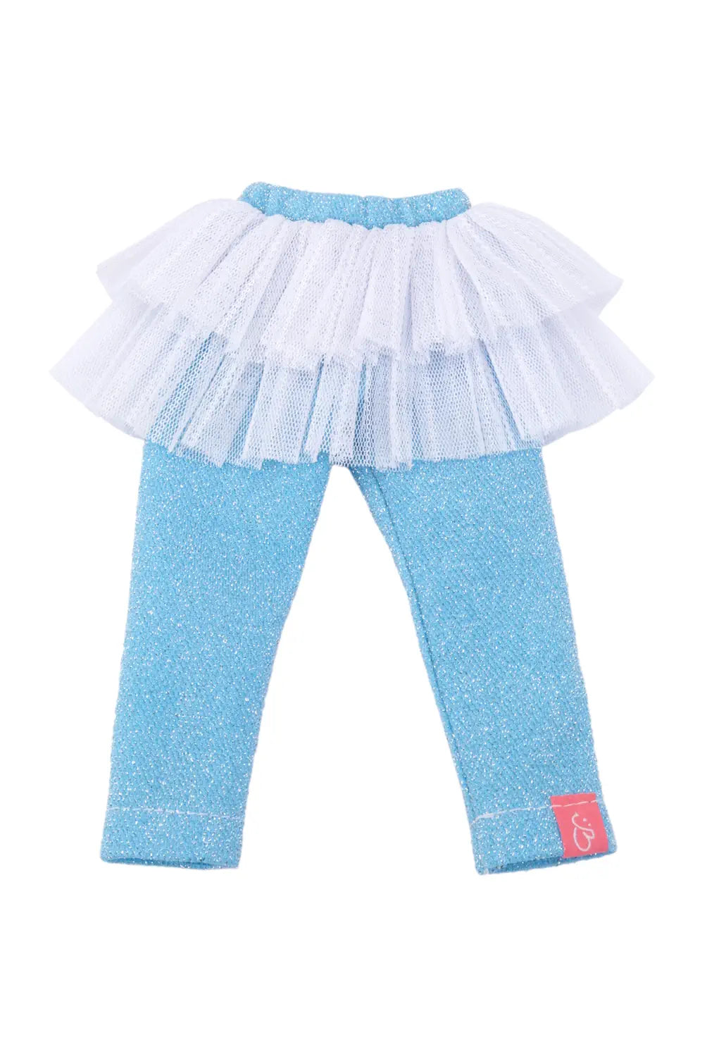Light blue leggings with a ruffled top on a white background