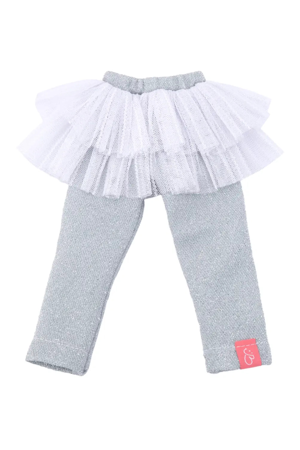 Silver leggings with white tulle overlay on a white background