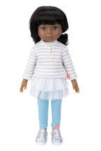Doll wearing a striped shirt and blue pants on a white background