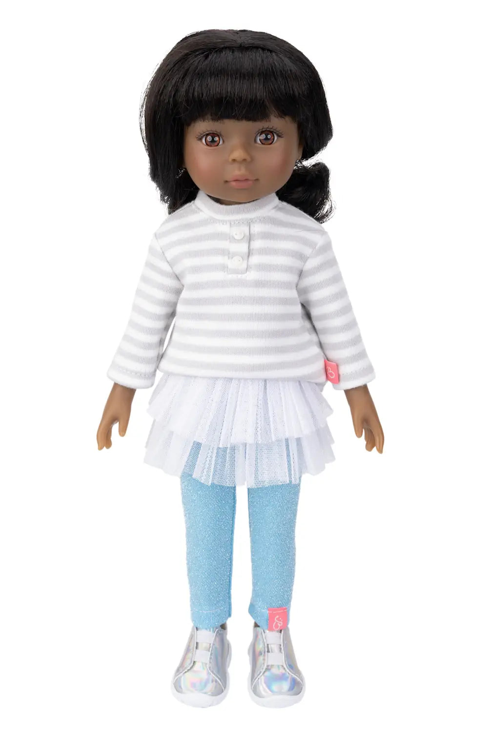 Doll wearing a striped shirt and blue pants on a white background