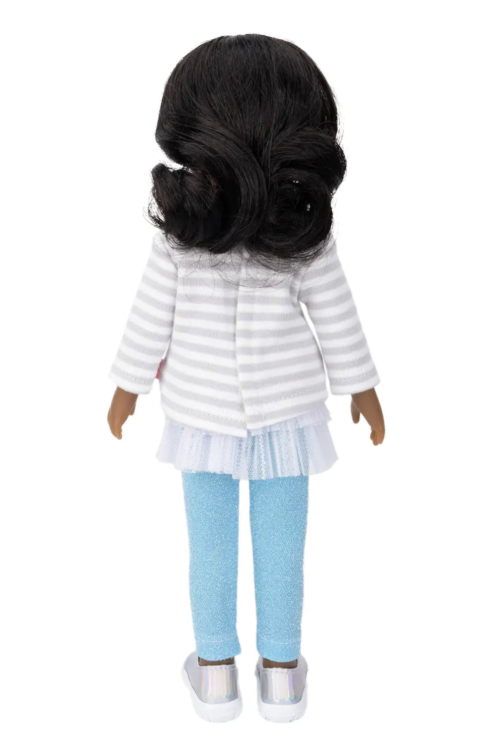 Doll wearing a striped shirt and blue pants on a white background