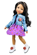 Doll wearing a denim jacket and purple dress with ice cream pattern on a white background