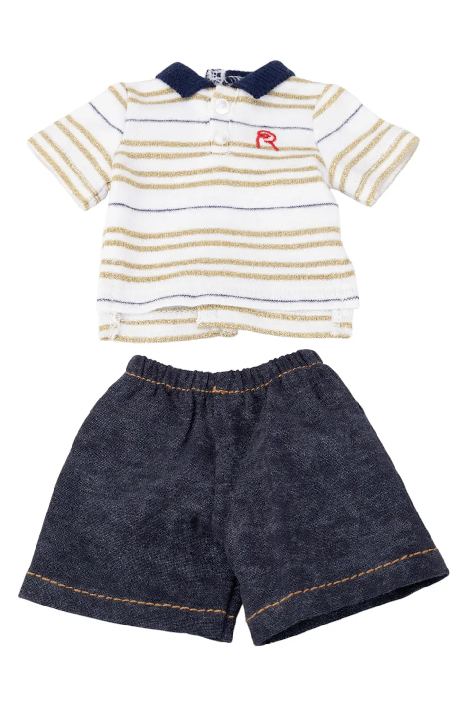 Striped polo shirt and denim shorts doll clothing set on a white background